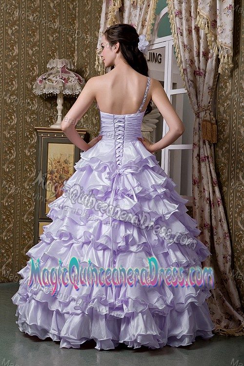 Lovely Single Shoulder Lilac Floor-length Quinces Dress with Ruffle-layers
