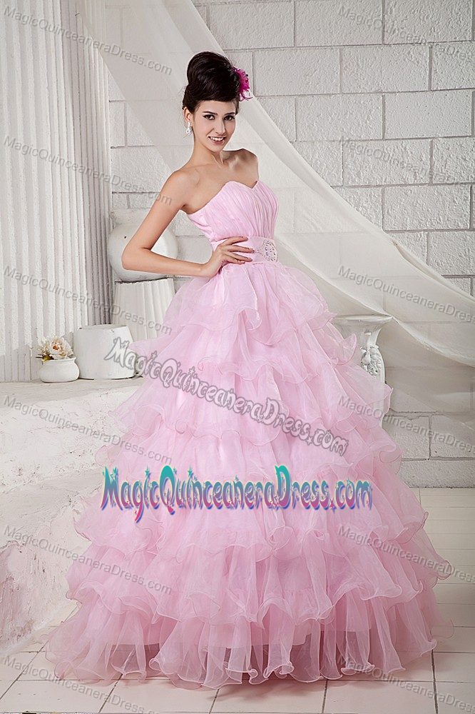 Cute Baby Pink Sweetheart Long Dresses For Quinceanera with Ruffle-layers