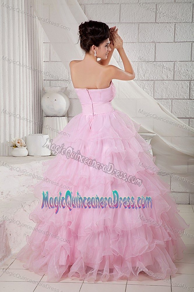 Cute Baby Pink Sweetheart Long Dresses For Quinceanera with Ruffle-layers