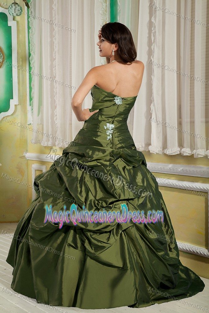 Olive Green Strapless Long Dresses for Quince with Appliques and Pick-ups
