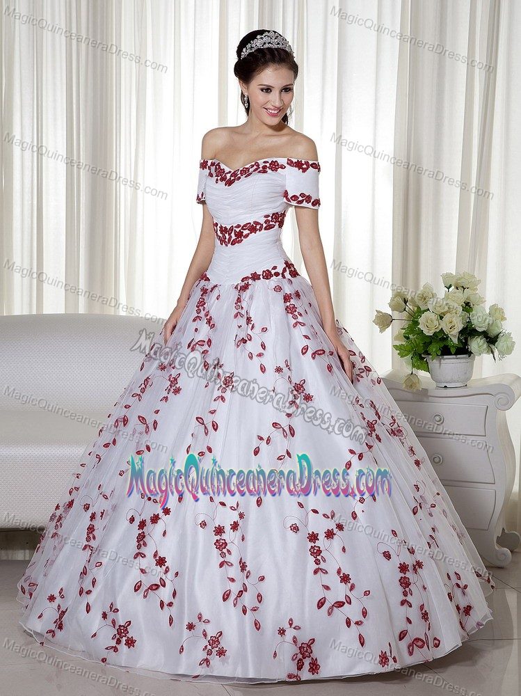 Off The Shoulder White Long Dresses For Quinceanera with Red Embroidery