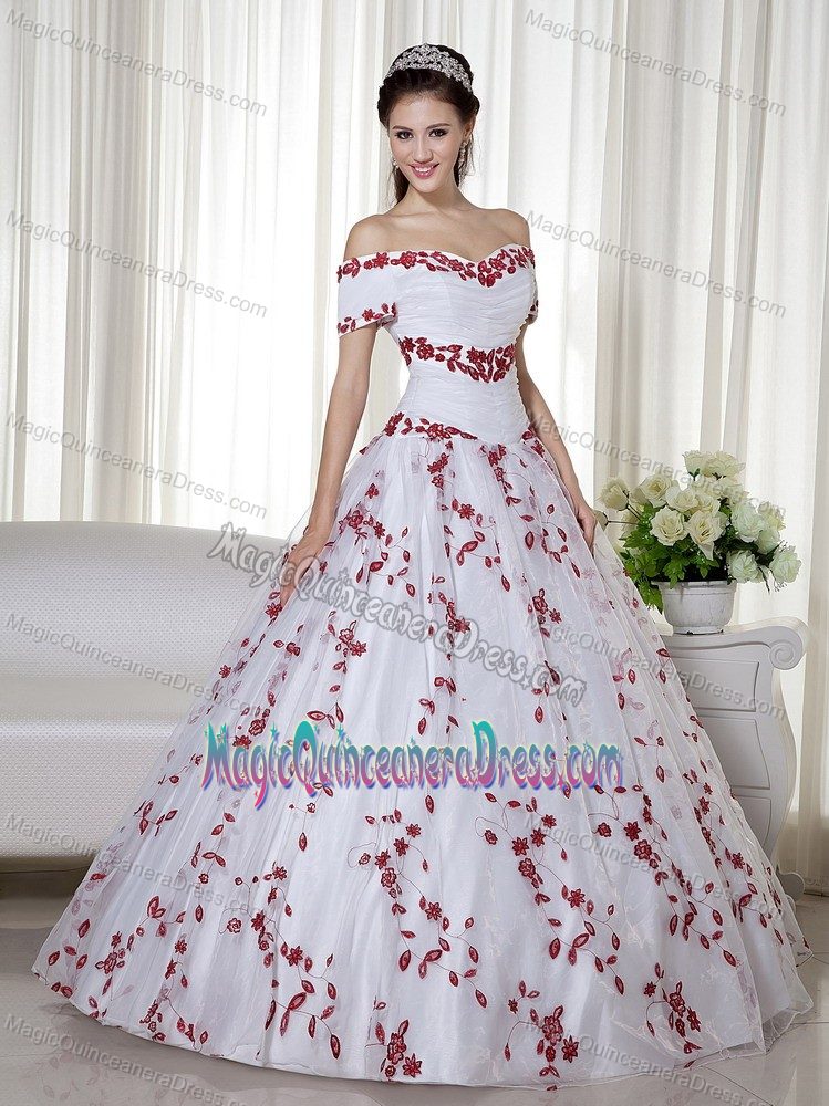 Off The Shoulder White Long Dresses For Quinceanera with Red Embroidery