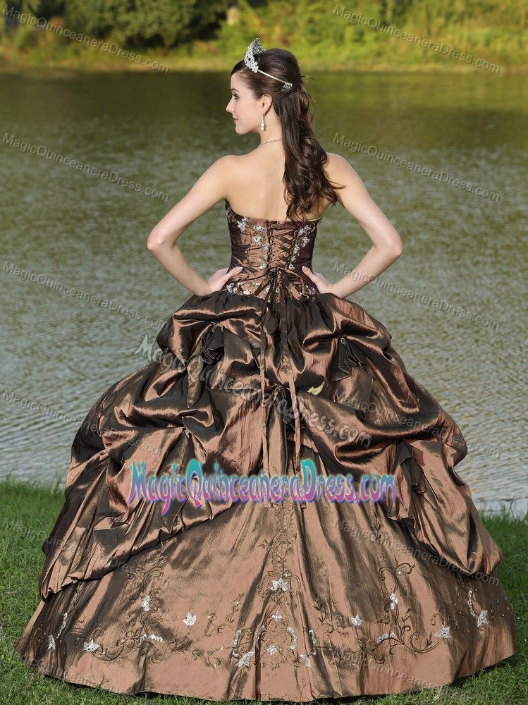 Strapless Brown Long Sweet Sixteen Dress with Pick-ups and Embroidery