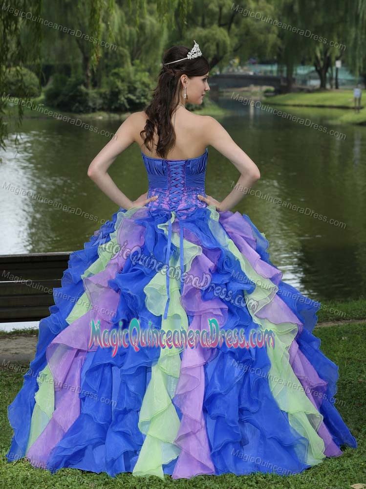 Unique Colorful Appliqued Strapless Full-length Quince Dress with Ruffles
