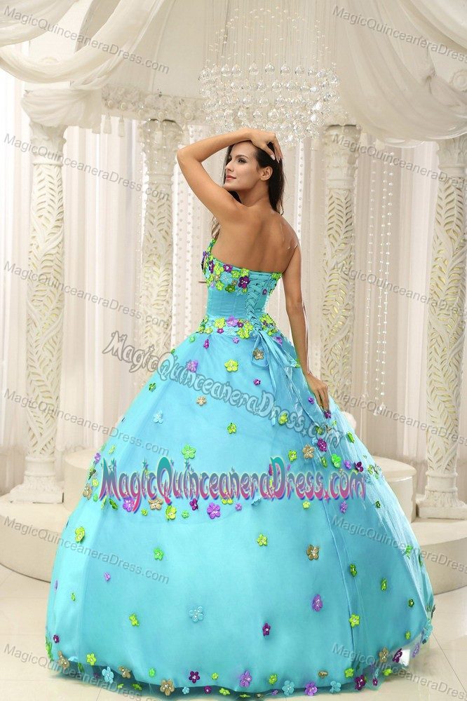 Special Strapless Baby Blue Floor-length Sweet 16 Dresses with Appliques