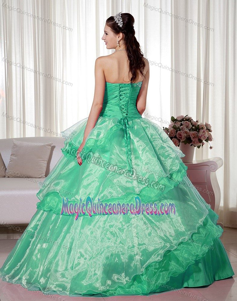 Cute Green Beaded Sweetheart Long Quince Dress with Layers and Flower