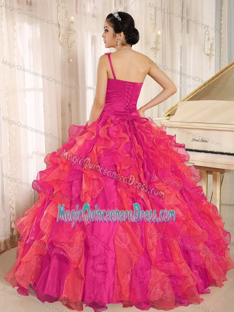 Hot Sale Red Single Shoulder Long Quince Dress with Ruffles and Beading