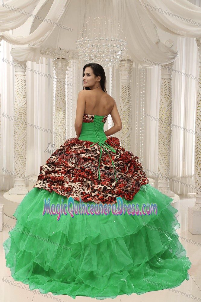 Colorful Leopard Green Strapless Long Quince Dress with Pick-ups in Acton