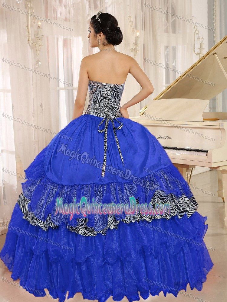 Unique Zebra Blue Sweetheart Full-length Quince Dress with Ruffle-layers