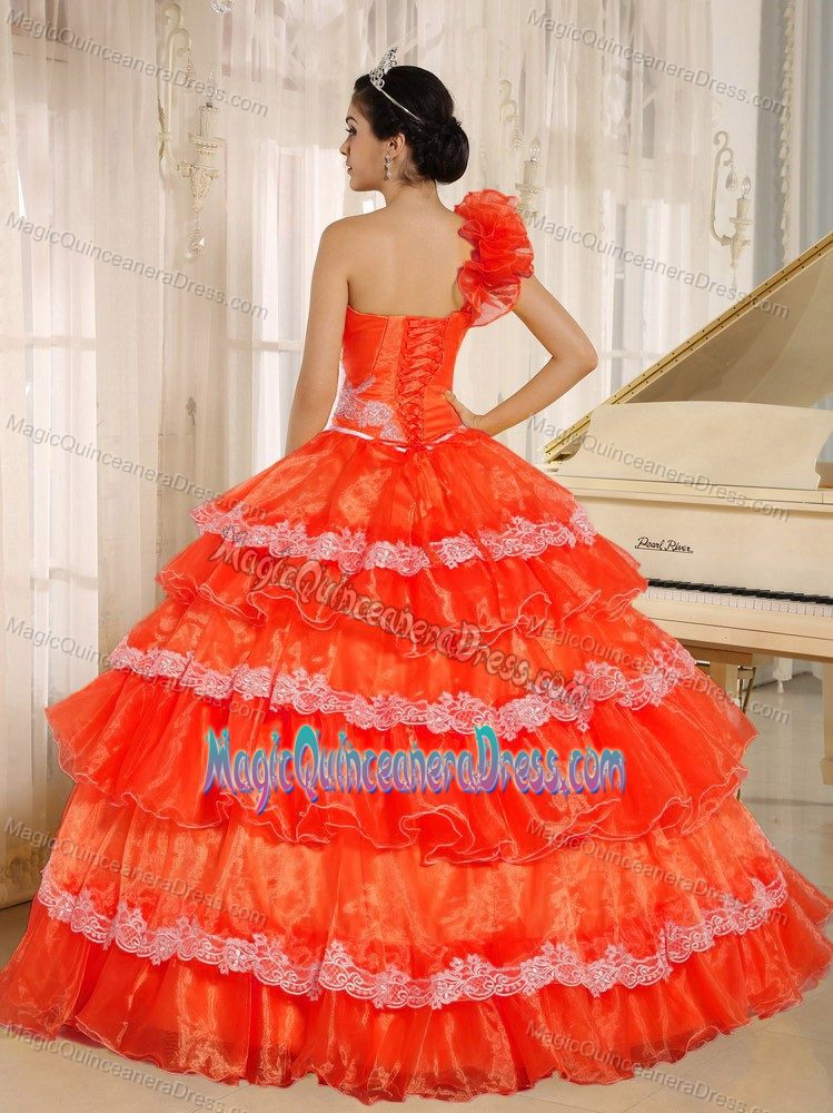 Orange Red Flowers One Shoulder Quince Dress with Applique and Ruffles