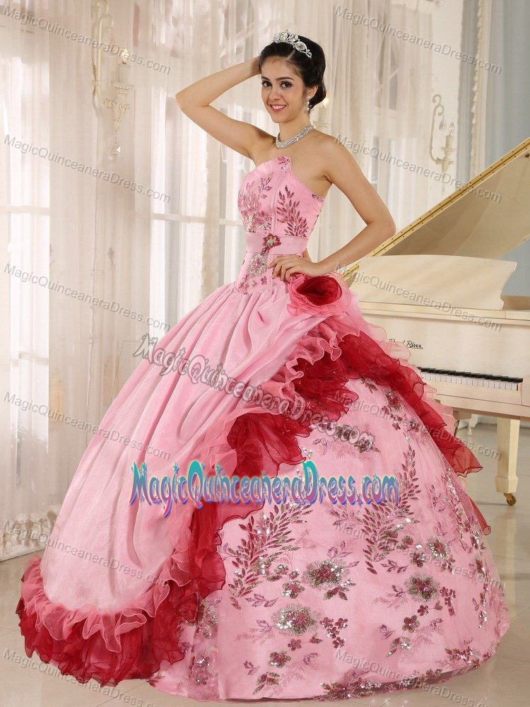 Asymmetrical Rose Pink Full-length Dress For Quinceanera with Appliques