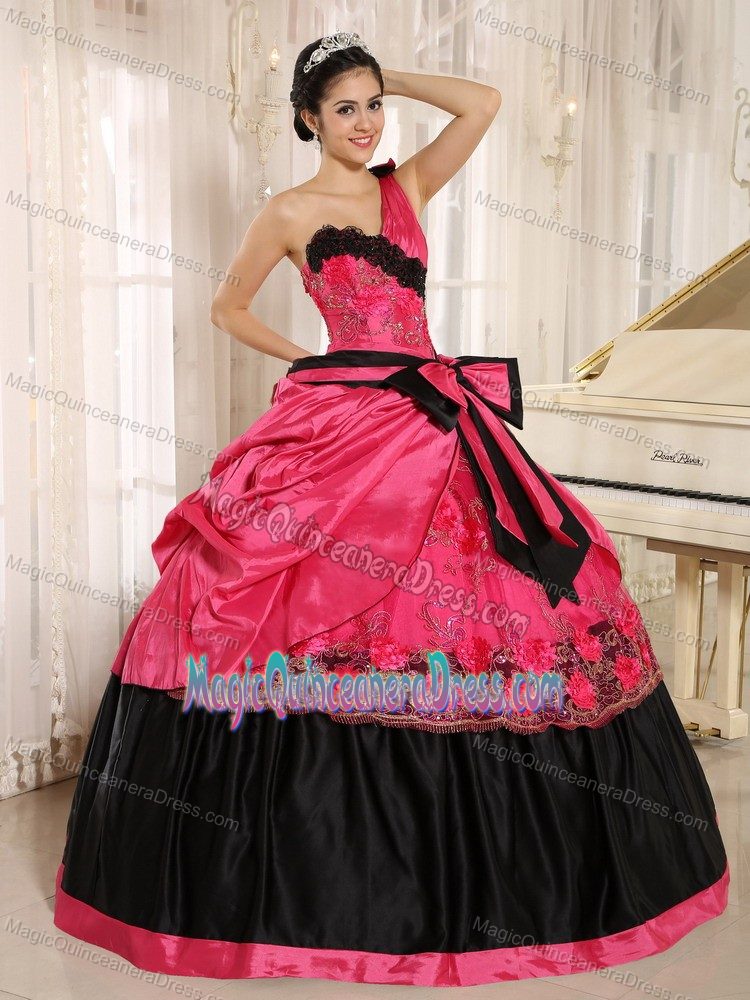 Coral Red One Shoulder Long Dresses for Quince with Appliques and Bow