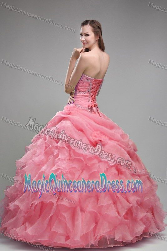 Strapless Watermelon Beaded Long Sweet 15 Dresses with Ruffles in Troy