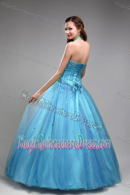 Lovely Baby Blue Beaded Halter Full-length Quinceanera Gowns in Helena