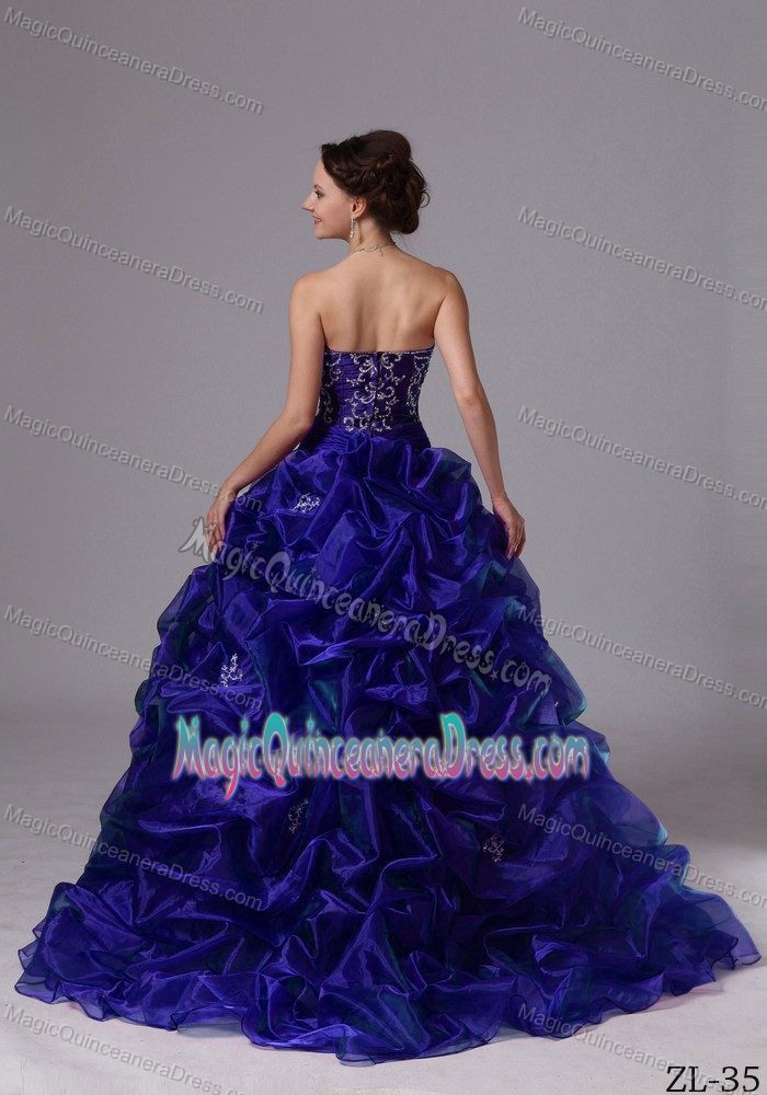 Blue Strapless Brush Dress For Quinceanera with Pick-ups and Embroidery