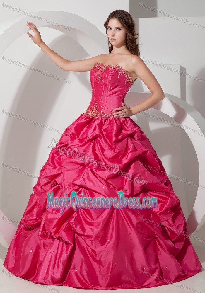 Coral Red Beaded Strapless Full-length Dresses For Quinceanera with Pick-ups