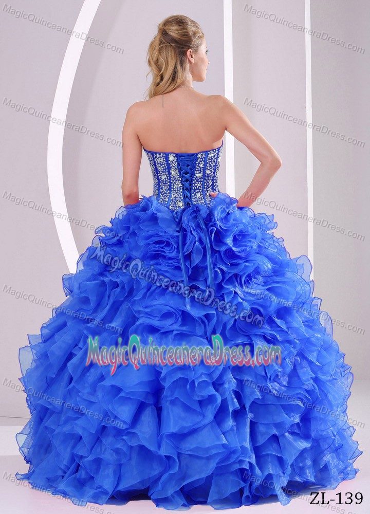 Blue Beaded Sweetheart Full-length Quinceanera Gown with Ruffles in Erie