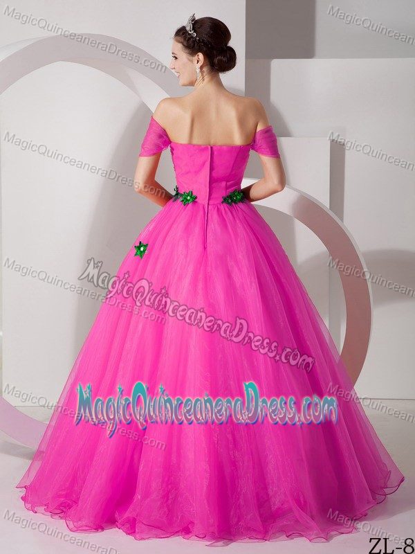Hot Pink Off The Shoulder Full-length Quince Dresses with Green Appliques