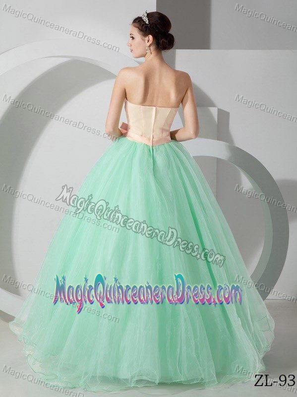 Cute Peach and Green Strapless Full-length Dresses For Quinceanera with Sash