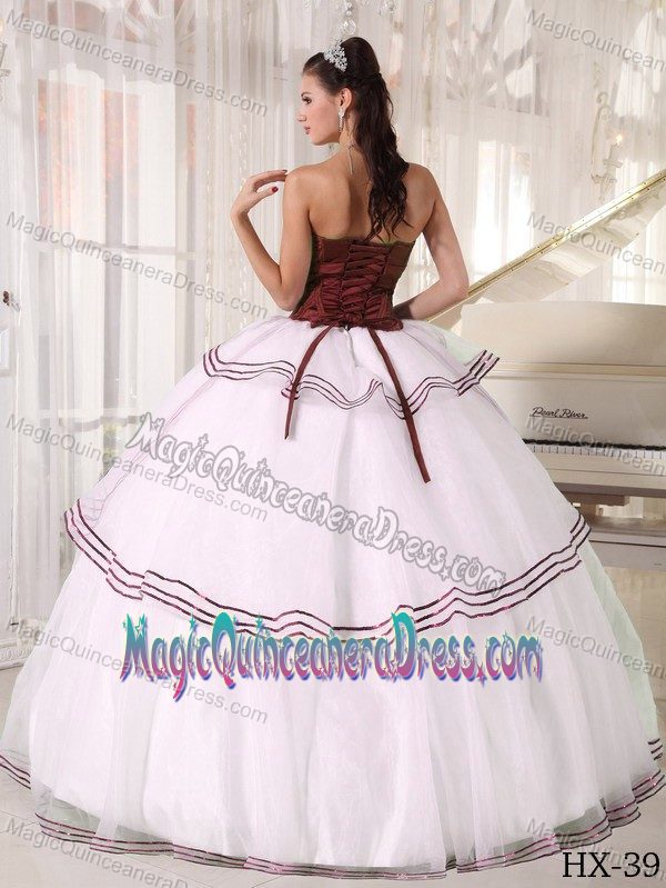 Brown and White Beaded Strapless Long Sweet Sixteen Dresses in Colora