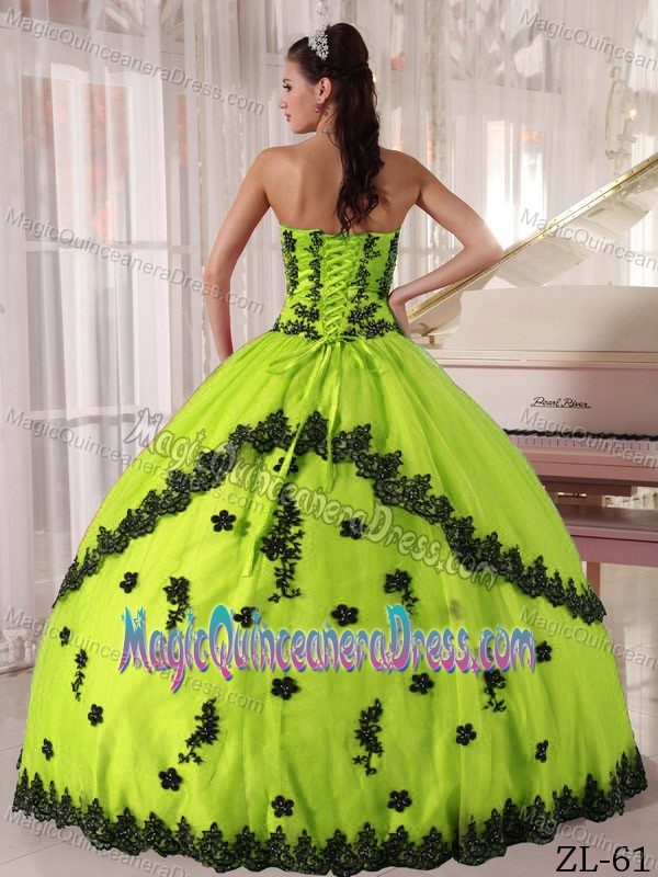 Bright Yellow Strapless Long Dresses For Quinceanera with Black Appliques