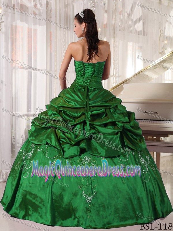 Green Strapless Long Dress For Quinceanera with Embroidery and Pick-ups