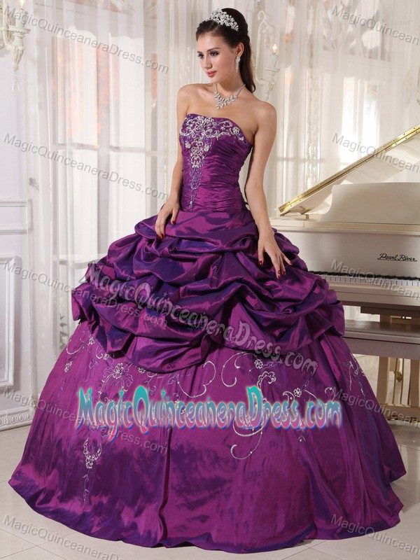 Strapless Eggplant Purple Long Quince Dress with Pick-ups and Embroidery