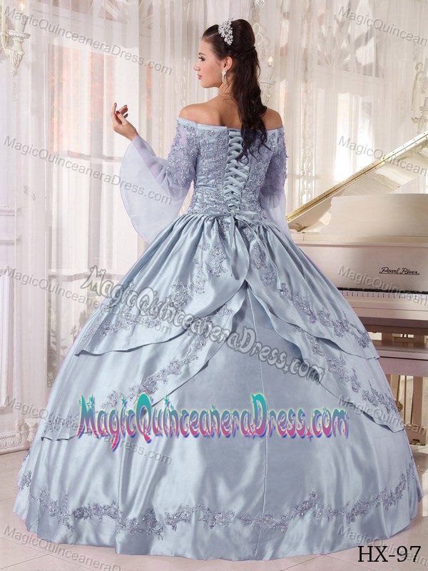 Silver Off The Shoulder Long Sleeves Quinceanera Dresses with Appliques
