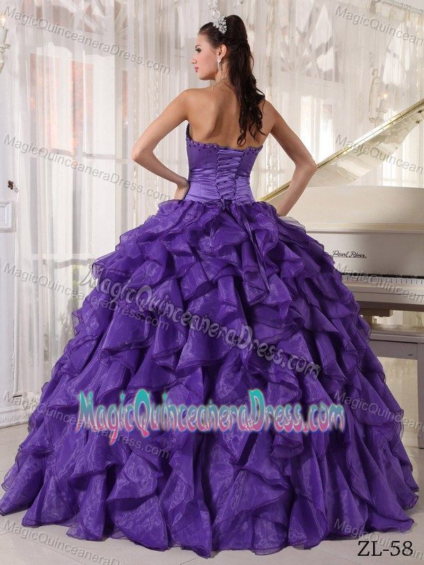 Elegant Purple Beaded Strapless Full-length Quinceanera Gown with Ruffles