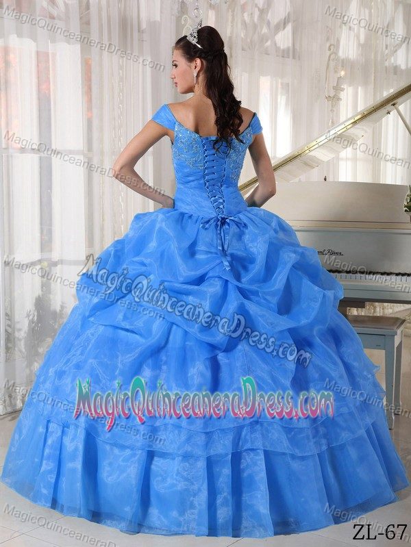 Aqua Blue Beaded Off The Shoulder Long Quinceanera Gown with Pick-ups