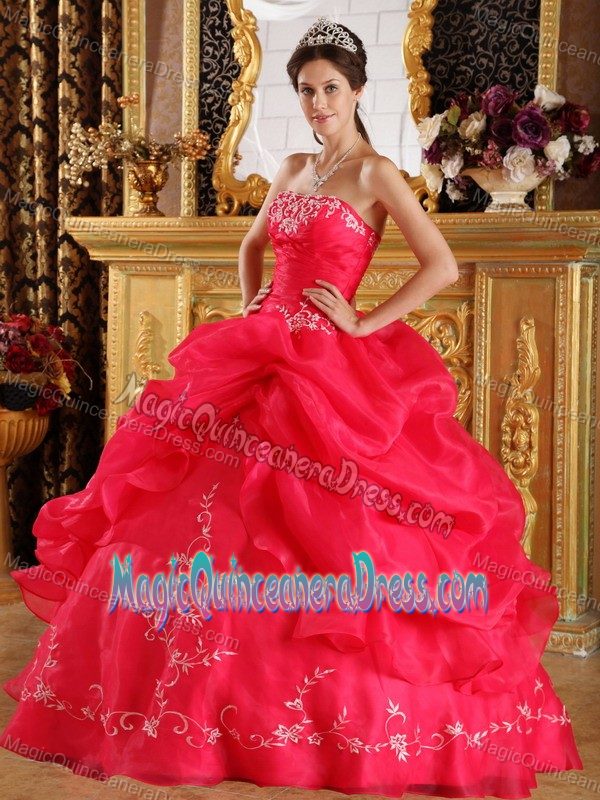 Red Embroidery and Pick Ups Ruching Quinceaneras Dress near Woodland