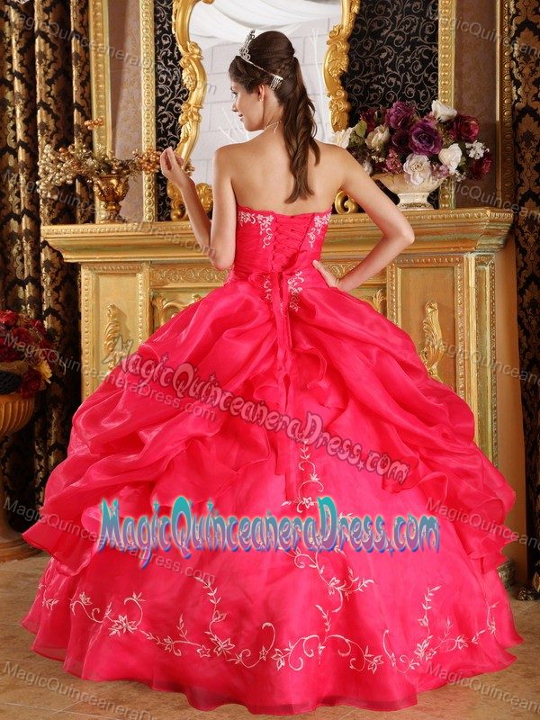Red Embroidery and Pick Ups Ruching Quinceaneras Dress near Woodland