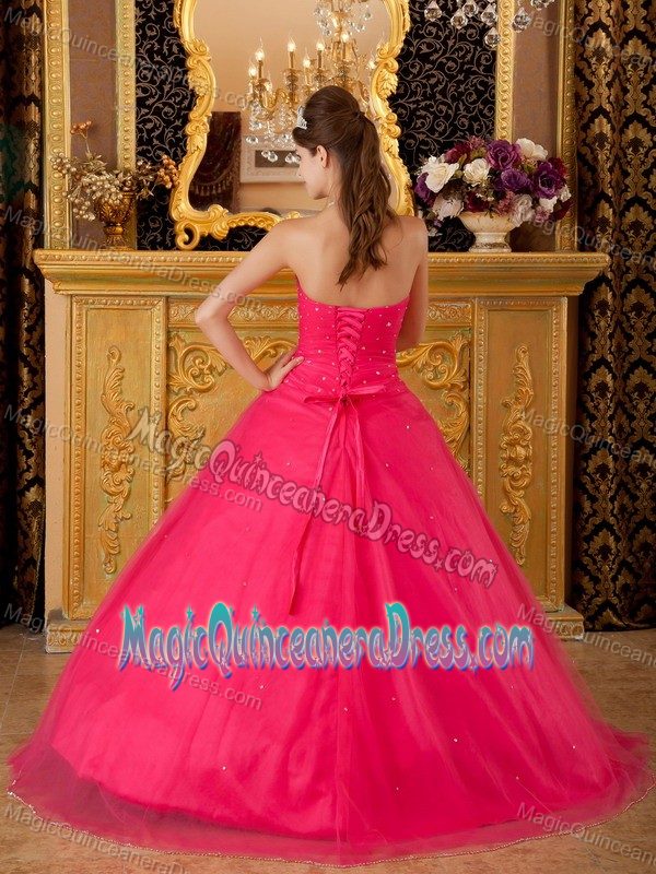 Sequins and Appliques Bodice Strapless Red Quinces Dresses in Spencer