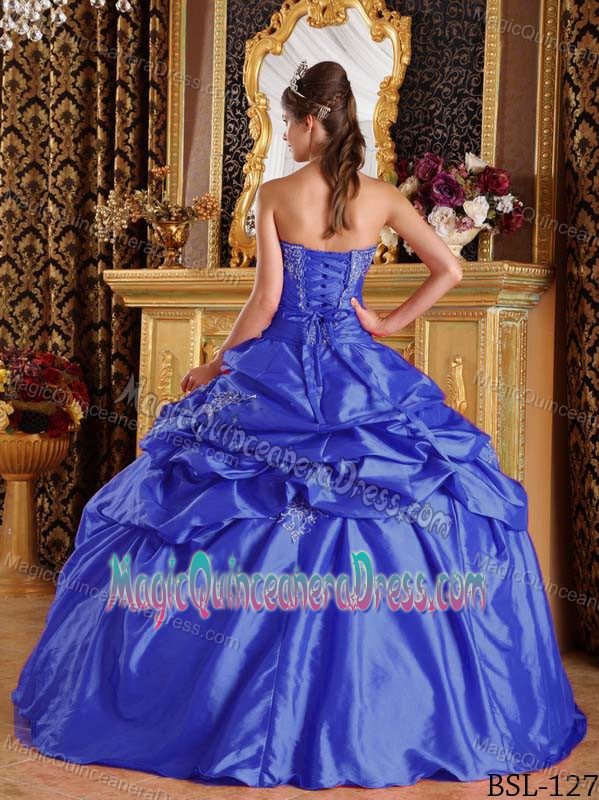 Embroidery Ruche and Pick Ups Blue Quinceanera Gowns in Hurricane
