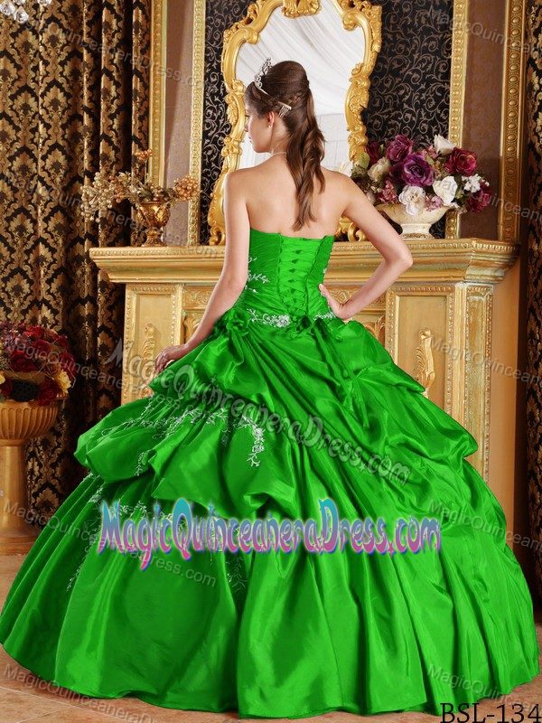 Green Strapless Pick Ups and Ruche Sweet Sixteen Quinceanera Dresses