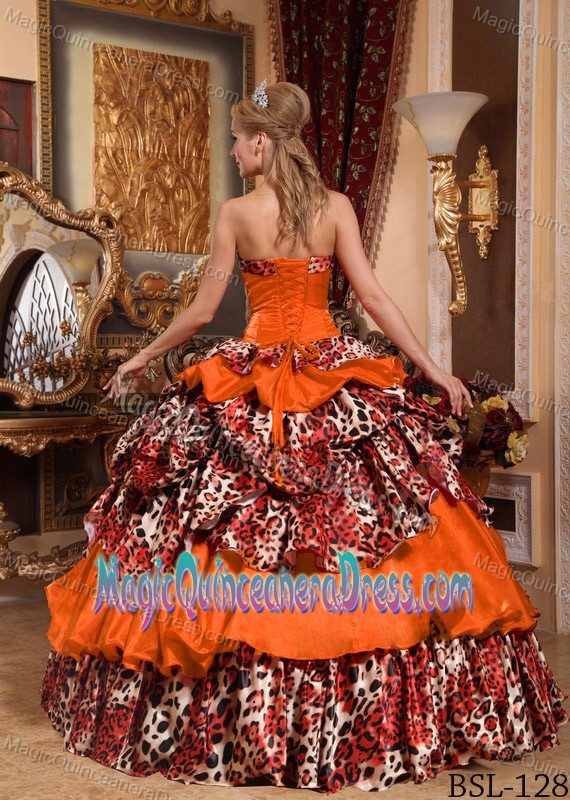 Multi-color Ruffled Layers Quinceanera Gowns with Leopard near Wheeling