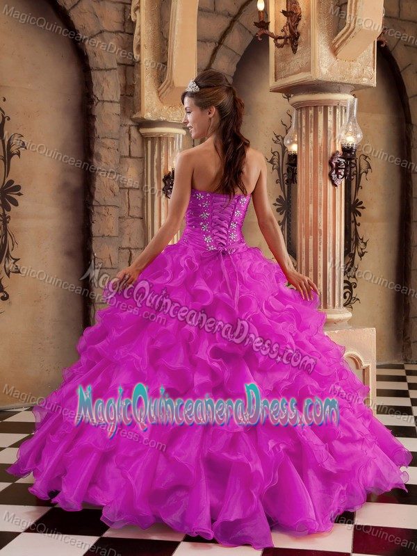 Fuchsia Beaded and Ruched Quinceanera Gown Dresses with Ruffles