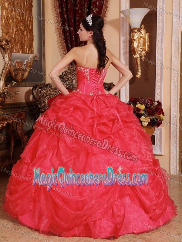 Appliques and Pick Ups Red Puffy Sweetheart Quince Dresses near Spokane