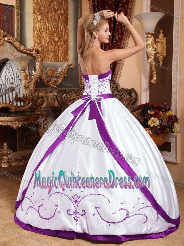 White Ball Gown Quinceanera Dress with Purple Embroidery near Redmond