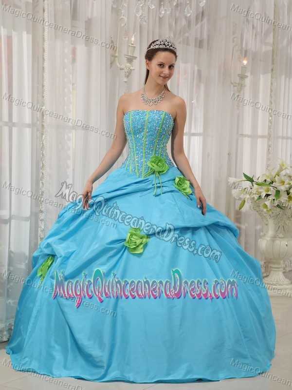 Strapless Beaded Baby Blue Quince Dress with Hand Flowers in Gines Cuba