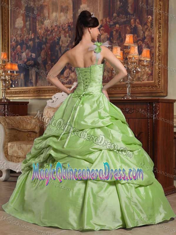 One Shoulder Hand Flowery Taffeta Quince Dresses in Yellow Green