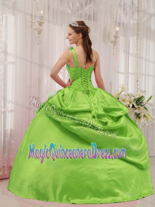 Spring Green One Shoulder Beaded Quince Dress with Pick-ups in Camagey