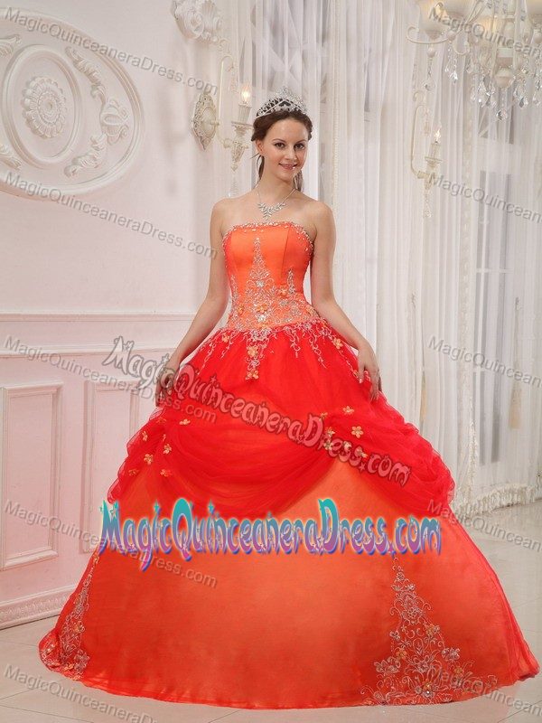 Orange Red Strapless Taffeta Tulle Quince Dress with Appliques in Heredia