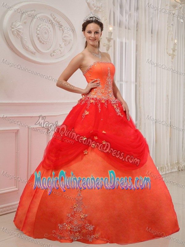 Orange Red Strapless Taffeta Tulle Quince Dress with Appliques in Heredia