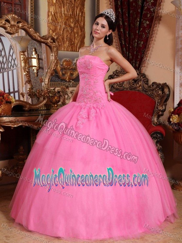 Strapless Tulle Appliqued Rose Pink Quince Dress with Beading in Paraiso