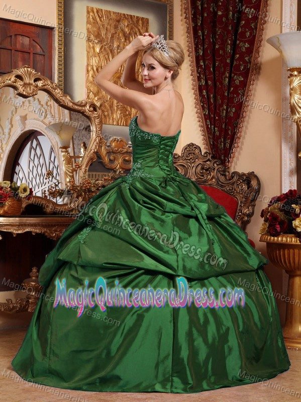 Strapless Taffeta Beaded Appliqued Quinceanera Dress in Green in Nicoya