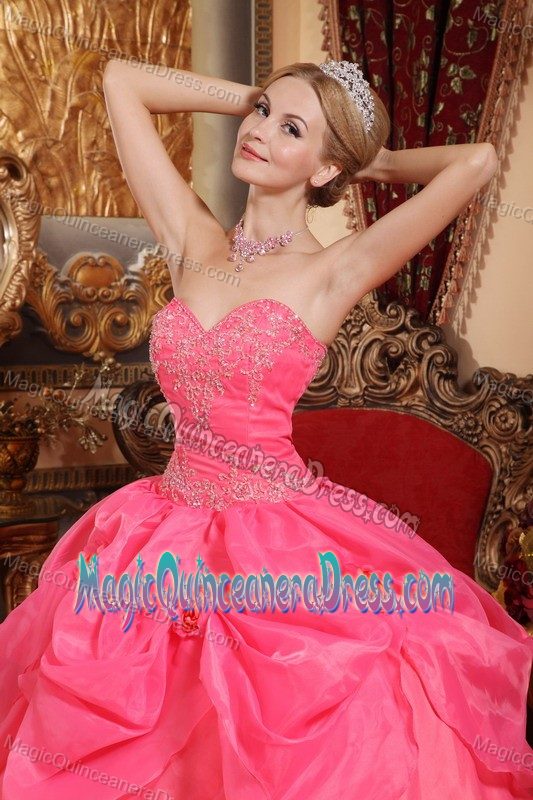 Sweetheart Taffeta Organza Appliqued Quince Dress in Coral Red in Carmen