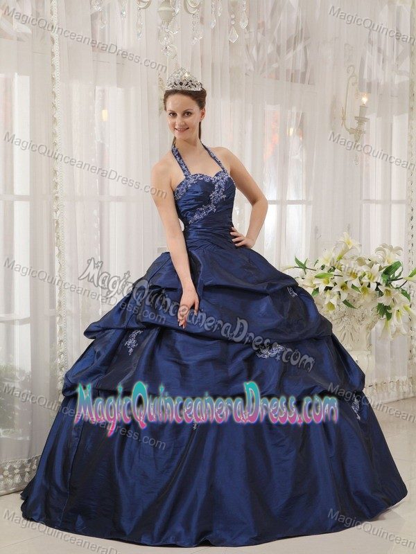 Halter Floor-length Taffeta Appliqued Quince Dress in Navy Blue in Tigard