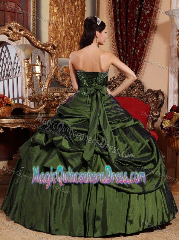 Strapless Taffeta Beaded Quinceanera Gown Dress in Olive Green in Eugene
