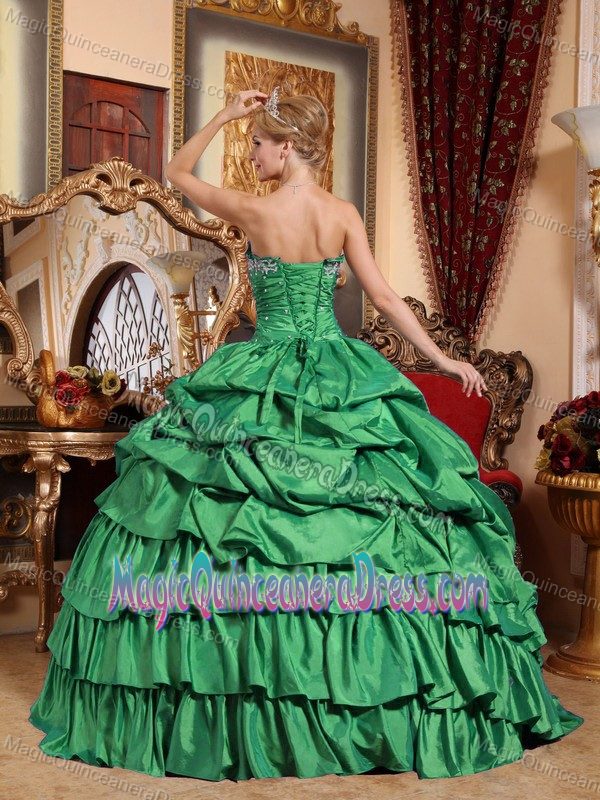 Strapless Appliqued Green Sweet 16 Dresses with Pick-ups in Cairns QLD